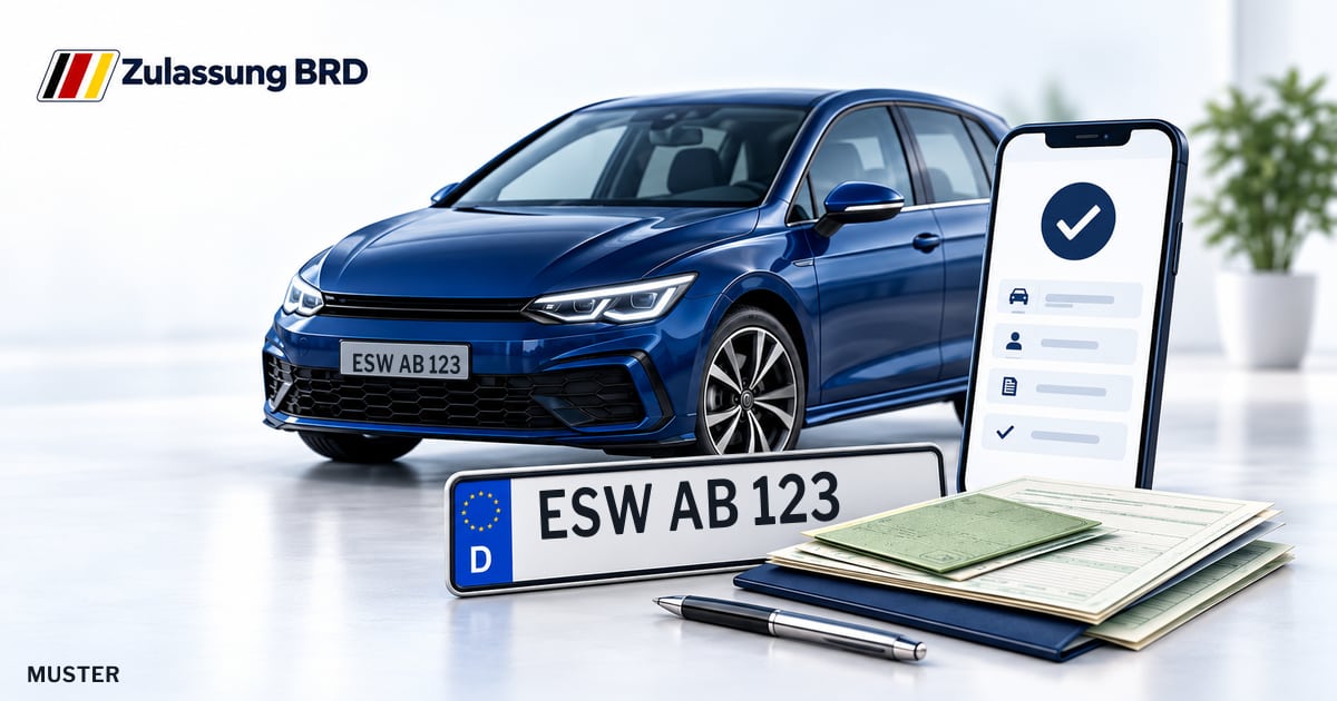 Online Fahrzeugzulassung in Werra-Meißner-Kreis: Musterkennzeichen ESW AB 123, Auto und Fahrzeugpapiere und Smartphone. Illustration mit Logo von Zulassung BRD.